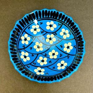 Mexican Folk Art Pottery 3 Foot Terracotta Bowl Blue White Flowers Hand Painted